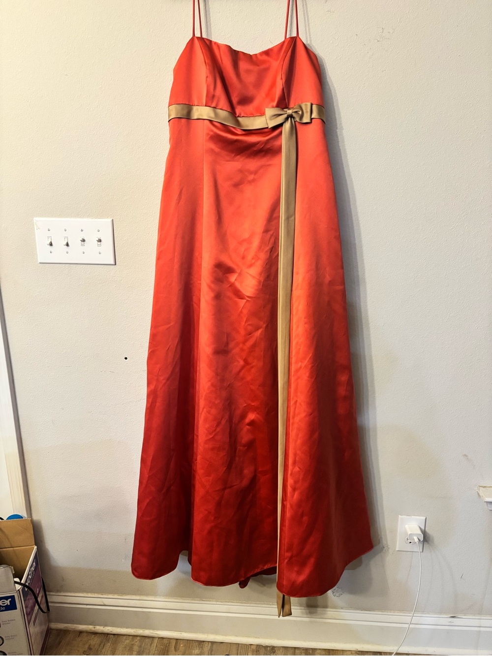 Orange-Red Satin formal gown with Gold Waist Tie
